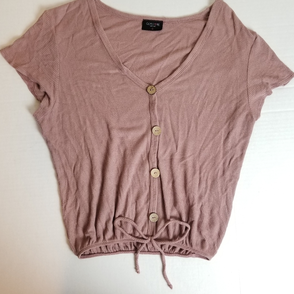 GEMSTONE blush tie front ribbed button top